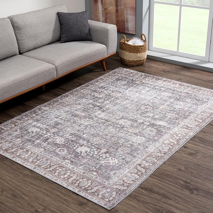 Bloom Rugs Washable 9' x 12' Rug - Brown/Dark Gray Traditional Area Rug for Living Room, Bedroom, Dining Room, and Kitchen - Exact Size: 9' x 12'