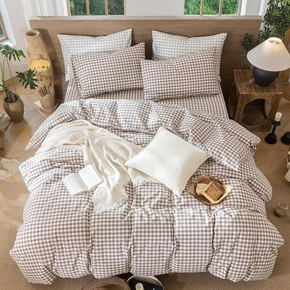MooMee Gingham Duvet Cover Set 100% Washed Cotton Linen Like Textured Breathable Durable Soft Comfy Modern Checkered Design (Brown Gingham, Super Queen 90"x98")