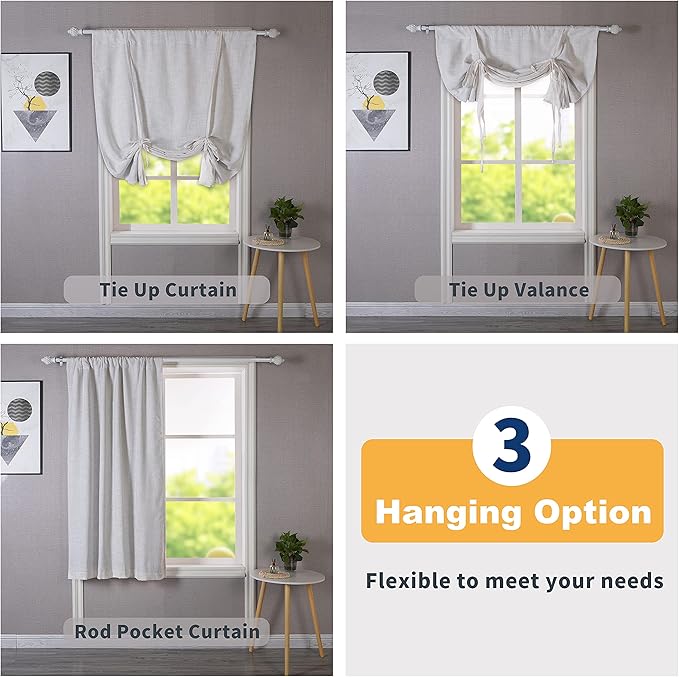 DriftAway Double Layer Linen Blackout Tie Up Curtains Thermal Insulated Fully Lined Balloon Roman Shade Bathroom Window Adjustable Rod Pocket for Small Window 39 Inch by 55 Inch Ivory