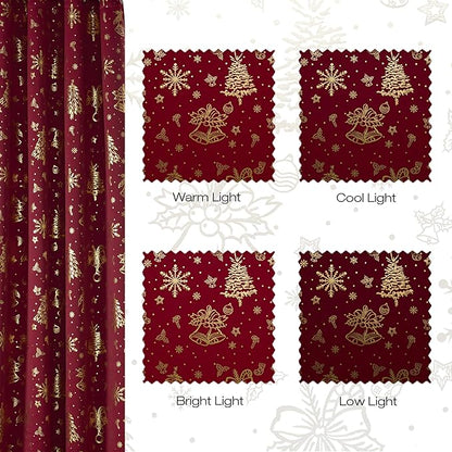NICETOWN 2 Panels Christmas Grommet Pocket Curtains 52 x 95 Inch, Gold Stamped Holiday Window Drapes for Xmas Decorations, Festive Room Darkening Curtain Set for Living Room Bedroom, Seasonal Style