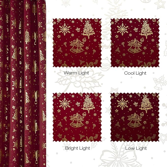 NICETOWN 2 Panels Christmas Curtains W52 x L84 in, Gold Foil Christmas Tree Printed Thermal Insulated Curtains, Xmas Theme Holiday Decor for Bedroom Living Room, Xmas Gifts Drapes, Burgundy Red