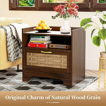 24" Rattan Nightstand with Storage Drawer, Walnut Bedside Table with Semi Open Cubby, Boho Night Stand with Farmhouse Arched Base for Bedroom, Side Table, End Table for Dorm