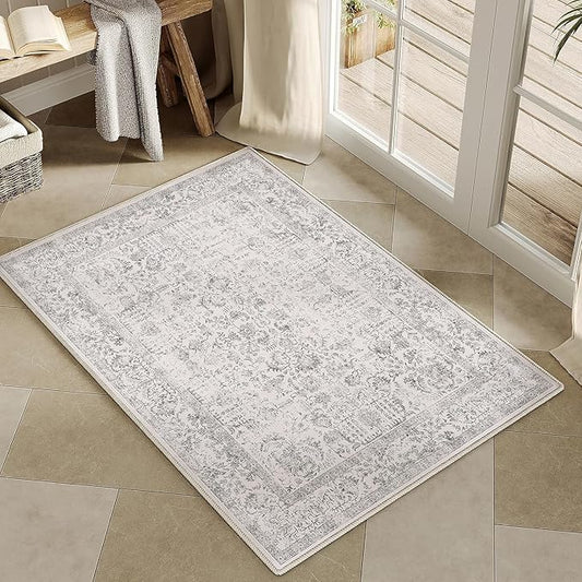 Gray Entryway Area Rug 2x3 Door Mat Machine Washable Kitchen Vintage Distressed Non Slip Carpet Indoor Grey Retro Floral Accent Throw Small Rug for Bathroom Office Bedroom Dining Living Room