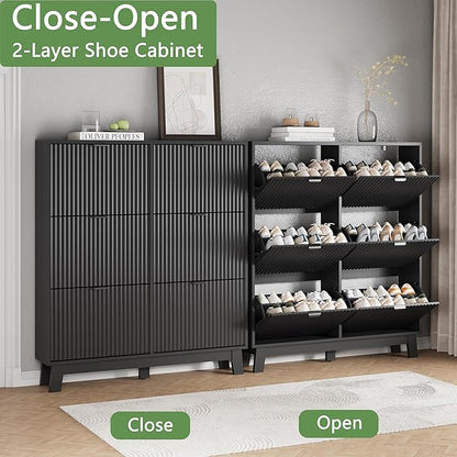 Shoe Cabinet with 6 Flip Drawers, 54" Tall Narrow Fluted Shoe Storage Organizer for Entryway, Hidden Slim Wooden Shoe Rack Cabinet for Front Door Entrance, Hallway, Living Room, Solid Black