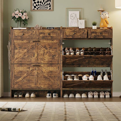 Shoe Storage Cabinet for Entryway, Farmhouse Narrow Shoe Cabinet with 2 Flip Drawers & Top Drawers, Adjustable Shelves & Hooks, Freestanding Hidden Rack Organizer for Hallway, Foyer
