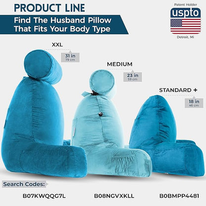 Husband Pillow XXL Reading & Bed Rest Pillows - Premium Memory Foam Backrest Pillow with Arms & Neck Roll - Aspen Edition Rodeo Blue - Reversible 2 Sided Cover with Plush Microfiber and Suede