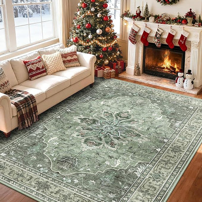 Area Rugs 7'x9' Washable Non-Slip, Floral Vintage Distress Print Pattern Medallion Carpet for Living Room Bedroom Dining Room, Dark Green Gray