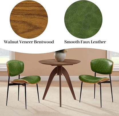 Art Leon Dining Chairs Set of 4 - Walnut Bentwood, Mid Century Modern Dining Room Chairs, Faux Leather Upholstered Desk Chair with Black Metal Legs, Green