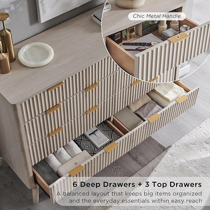T4TREAM Fluted 9 Drawers Dresser, 54" Wide Modern Chest of Drawers, Curved Profile Design, Dresser TV Stand, Wood Drawer Organizer for Bedroom, Living Room, Hallway, White Alder