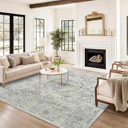 Washable Area Rug 8x10, Gray Soft Rug for Living Room Vintage 8x10 Area Rugs for Bedroom Dining Room Floral Non-Slip Thin Grey Rug