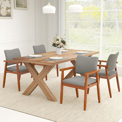thksbought Set of 2 Mid Century Modern Walnut Dining Chairs Wood Arm Grey Fabric Kitchen Cafe Living Room Decor Furniture