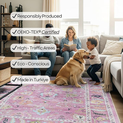 Fame Rugs Pink Modern Oushak Rug 2x3, Vintage Doormat Turkish Colorful Oriental Antique Inspired Washable Small Area Rug, Luxury Living Room Bedroom (995PP, 2' x 3')