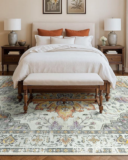 Area Rugs 9'x12' Washable Non-Slip, Floral Vintage Distress Print Pattern Medallion Carpet for Living Room Bedroom Dining Room, Light Yellow Carbon Grey Orange