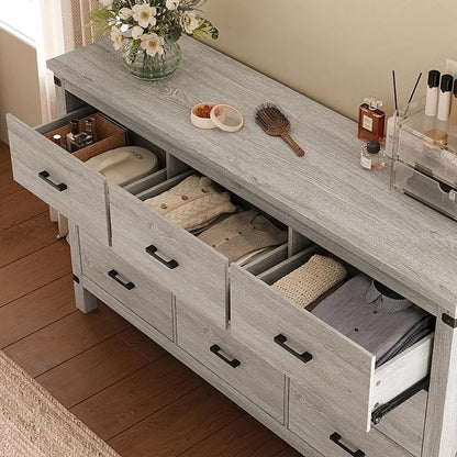 LINSY HOME Dresser for Bedroom with 9 Drawers, 59” Wide Chest with Deep Drawer, Modern Farmhouse Dresser TV Stand with Metal Handles, Wood Storage Cabinet for Closet, Living Room, Hallway, Wash Grey