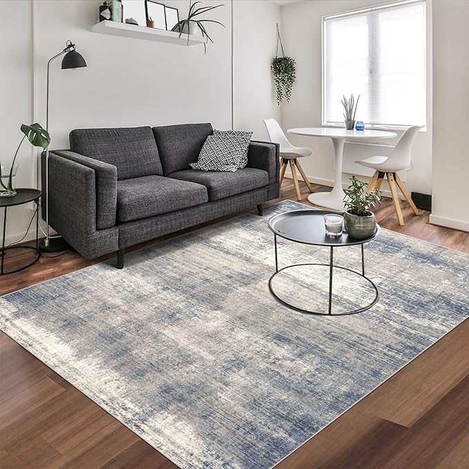 5x7 Area Rugs - Ultra-Thin Washable Rug with Non-Slip Backing, Ideal for Living Room, Bedroom, Kitchen Floor Carpet - Modern Abstract Style, Easy Clean, Durable, Low Pile Grey/Navy