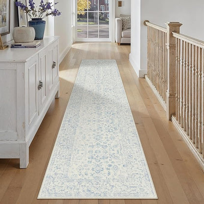 2x10 Blue Runner Rug Hallway Non Slip Kitchen Vintage Distressed Long Carpet Indoor Machine Washable Retro Floral Bedroom Accent Throw Rug for Office Laundry Bathroom Dining Living Room