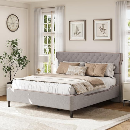 Christopher Knight Home Salus Linen Upholstered Queen Size Bed Frame with Headboard, Modern Queen Bed Frame and Headboard, Wooden Slats Support, Easy Assembly, No Box Spring Needed, Grey