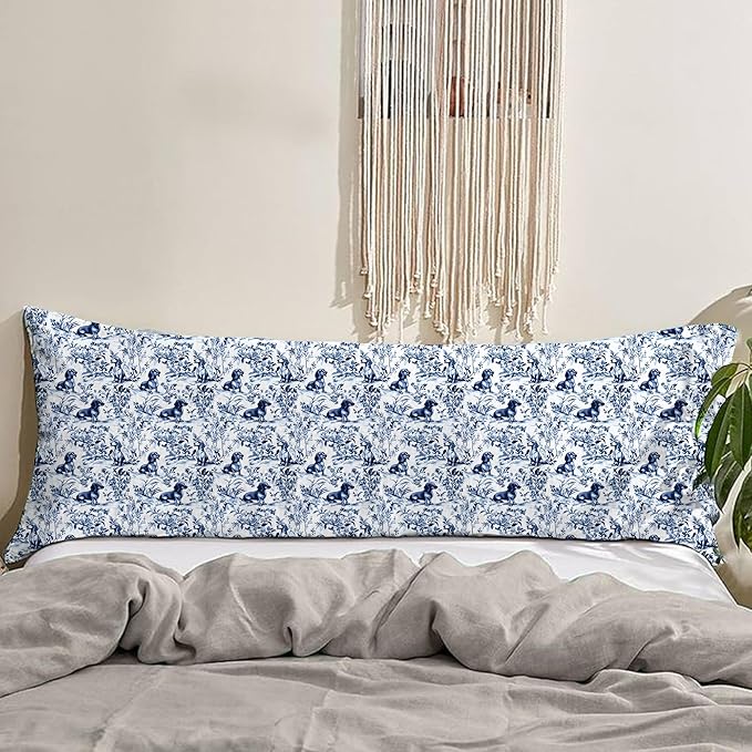 Chinoiserie Dachshund 20x54inch Body Pillows Decorations Covers, Blue and White Dog Grandmillennial Decorative Long Hug Throw Pillow Covers Pillowcases for Bed Couch