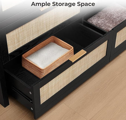 SICOTAS 7 Drawer Dresser for Bedroom, 57" Wide Rattan Dressers, Large Chest of Drawers for Bedroom, Dresser TV Stand, Boho Closet Organizer (Black Oak, 7 Drawers (1 pc))