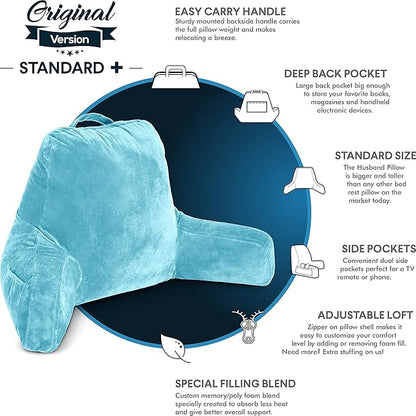 Husband Pillow Carolina Blue, Original Reading Pillow in Bed Rest Chair, Shredded Memory Foam Large Lounge Cushion Adult Backrest with Arms, Comfy Back Support, Sit Sitting Up, Wash/Removable Cover