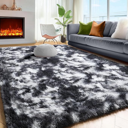 PAGISOFE Black White Rugs for Living Room 6x9, Shag Fuzzy Fluffy Washable Rugs for Bedroom Kids Room Playroom Dorm Shaggy Soft Carpet for Home Decor Aesthetic Plush Bedside Rug Modern Grey Rug