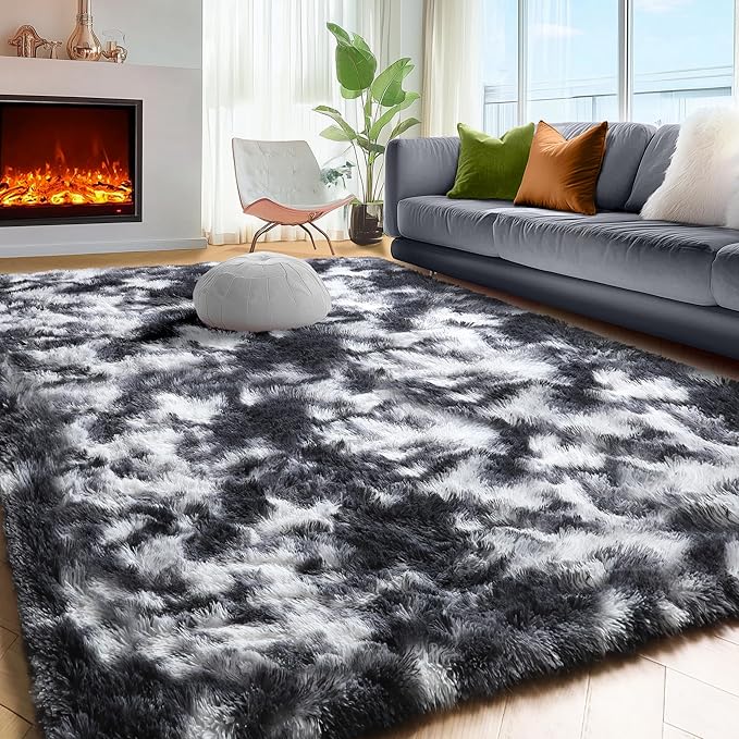 PAGISOFE 9x12 Area Rugs Living Room, Extra Large Black White Grey Machine Washable Rugs for Bedroom Fluffy Indoor Rugs for Kids Room Classroom Dorm Room Aesthetic Shaggy Carpet Plush Modern Cool Rug