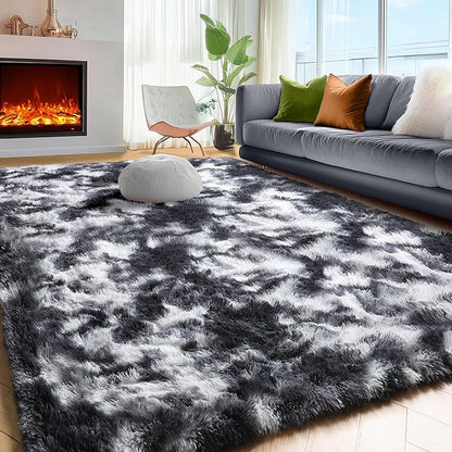 PAGISOFE Black White Grey Area Rugs for Living Room Bedroom Aesthetic, 8x10 Rug, Shag Fuzzy Fluffy Rug for Kids Room, Playroom, Classroom Dorm, Shaggy Soft Carpet, Plush Bedside Rugs, Modern Cool Rugs