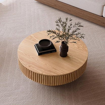 LKTART Round Coffee Table for Living Room, Accent Fluted Drum Coffee Table with Storage, Modern Solid Wood Veneered Circle Center Tea Table for Small Space Apartment (39.4''D×14''H-Natural)