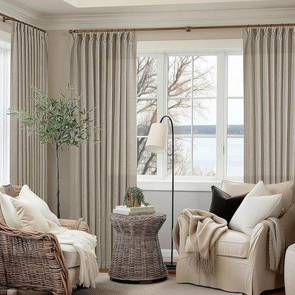 Pinch Pleated Linen 102 Inch Curtains 60 Inch Width for Living Room Divider Light Filtering Semi Sheer Burlywood Taupe Extra Wide Patio Curtains for Sliding Door Floor Ceiling Picture Window 60x102