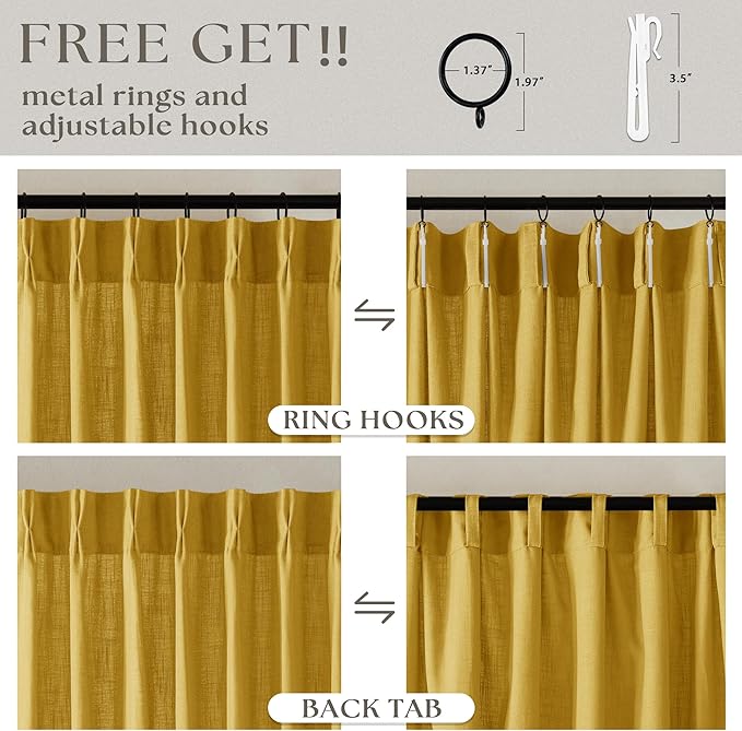 Extra Long Mustard Yellow Linen Curtains 120 Inches Long Gold Yellow Funky Farmhouse Rustic Curtain Light Filtering Semi Sheer Back Tab Pinch Pleat Curtain for Tall Ceiling Living Room 2 Panels