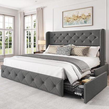 LARMACE Queen Size Platform Bed Frame with 4 Storage Drawers and Tufted Headboard Linen Upholstered Bed Wingback Bed Frame with Wooden Slats Support, Easy Assembly, Light Grey