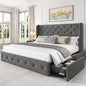 LARMACE Queen Size Platform Bed Frame with 4 Storage Drawers and Tufted Headboard Linen Upholstered Bed Wingback Bed Frame with Wooden Slats Support, Easy Assembly, Light Grey