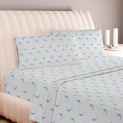 Carressa Linen Luxury Egyptian Cotton Queen Printed Sheet Set - 600 Thread Count Extra Long Staple 4 PC Set, Dolphin Dance Queen Printed Sheets, Soft, Cooling Sheets Upto 18 in Deep Pocket