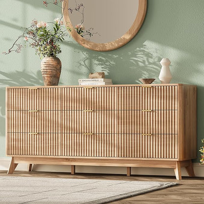 63'' Wide 9 Drawers Dresser for Bedroom,Modern Fluted Vertical Chest with Rounded Corners,Fluted Dresser for Living Room,Hallway, Natural Wood