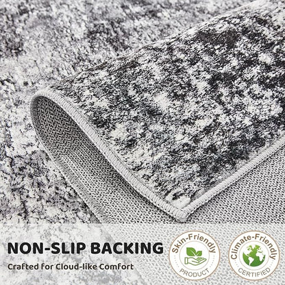 Washable Runner Rug for Hallway: 2x6 Neutral Modern Abstract Low Pile Area Rug with Non-Slip Backing - Carpet for Bedroom Kitchen Laundry Entryway Bathroom Indoor - Grey