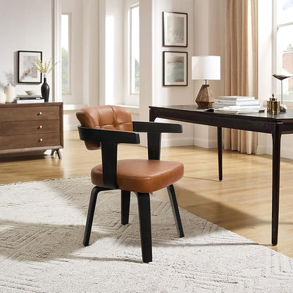 Art Leon Desk Chair No Wheels - Modern Faux Leather Office Chair Mid Century Swivel Desk Chair, Comfy Accent Armchair with Wooden Legs for Small Spaces Home Office Living Room Bedroom Study, Brown