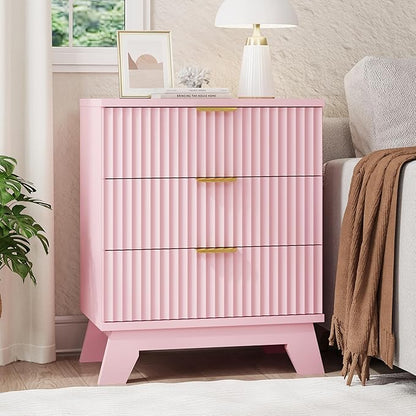 Fluted Nightstand, 24" Wide Side Table with 3 Large Storage Drawers, Mid Century Modern Wood Night Stand with Metal Handle, Wooden Bedside End Table for Bedroom, Living Room, Closet, Pink