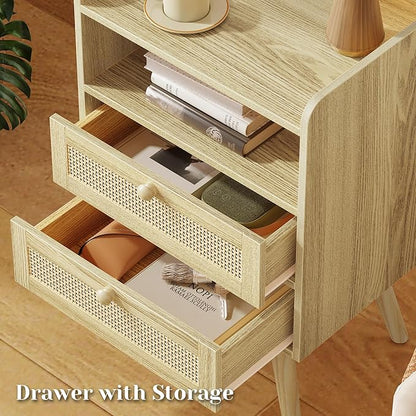 SUPERJARE 2 Drawer Night Stand with Charger Station, Boho Rattan Nightstand Set of 2, 25.2 Inch Tall Bed Side Table with Solid Wood Feet, End Table, Open Storage, Synthetic Rattan, for Dorm, Natural
