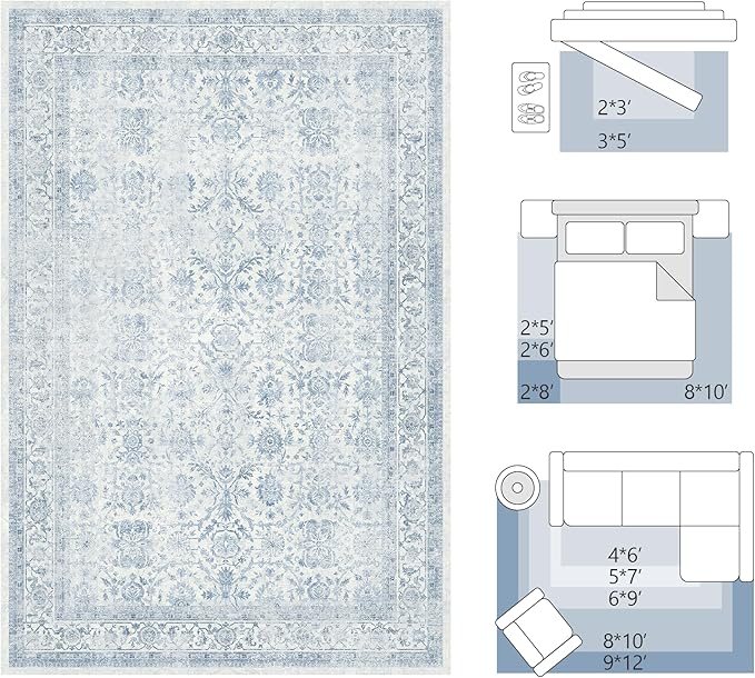 FMFUNCTEX 8x10 Washable Area Rug Blue Vintage Neutral Distressed Large Non Slip Carpet for Living Room Bedroom Soft Low Pile Indoor Mat Retro Floral Throw Rug for Dining Room Kitchen Office Nursery