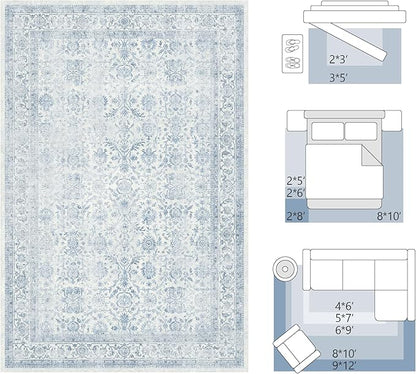 FMFUNCTEX 8x10 Washable Area Rug Blue Vintage Neutral Distressed Large Non Slip Carpet for Living Room Bedroom Soft Low Pile Indoor Mat Retro Floral Throw Rug for Dining Room Kitchen Office Nursery