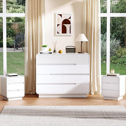 8 Drawer Dresser and 2 Nightstand Sets for Bedroom 3 Pcs Bedroom Set, Modern 39.4" Fluted Dresser with Invisible Handles Nightstand Charging Station, Bedroom Furniture Set for Living Room, White