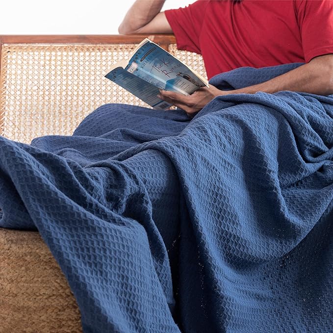 Salt Earth 100% Cotton Throw Blanket, Twin, 68"x92" Waffle Throws for Home, Bedrooms, Outdoor and Cozy Couch, Modern & Cozy Bed Room Decor Blankets, Lightweight All Season Western Blanket (Navy)