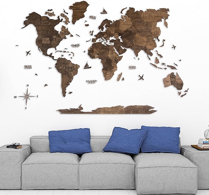 Handmade 3D Wood World Map Wall Art Large Wall Decor Track Your World Travels - Special for Home, Kitchen and Office (Walnut, Large)