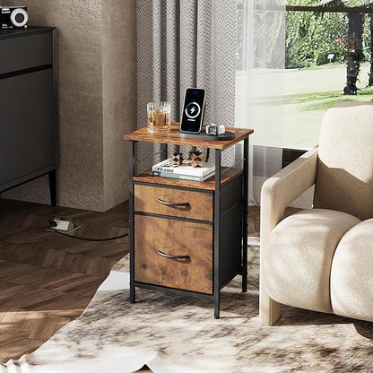 WLIVE Night Stand Set 2, Nightstand with Charging Station, Bedside Tables for Bedroom, Side Table with Fabric Drawers, USB Ports and Outlets, Rustic Brown