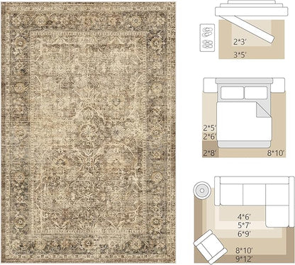 Fmfunctex 2x5 Washable Runner Rug Brown Vintage Neutral Distressed Non Slip Low Pile Indoor Carpet Soft Retro Floral Hallway Entryway Rug for Kitchen Living Room Bedroom Bathroom Laundry Entry Bedside