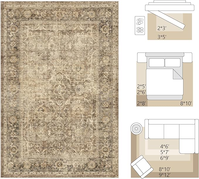 FMFUNCTEX 2x10 Runner Rug Brown Washable Vintage Neutral Distressed Non Slip Low Pile Indoor Carpet Retro Floral Hallway Entryway Rug for Kitchen Living Room Bedroom Bathroom Laundry Entry Bedside
