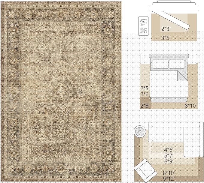 FMFUNCTEX 9x12 Washable Area Rug Brown Vintage Neutral Distressed Large Non Slip Carpet for Living Room Bedroom Soft Low Pile Indoor Mat Retro Floral Throw Rug for Dining Room Kitchen Office Nursery