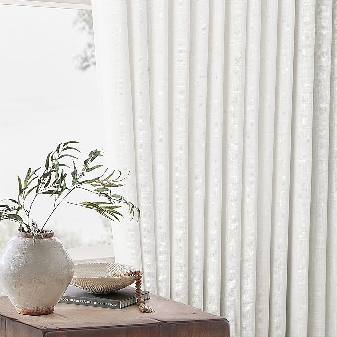 Thick Linen Semi Sheer Curtains 90 Inches Long for Living Room Bedroom Light Filtering Beige Off White Textured Burlap Pinch Pleated Curtains 90 Length Hooks Rings Back Tab for Sliding Door 2 Panels