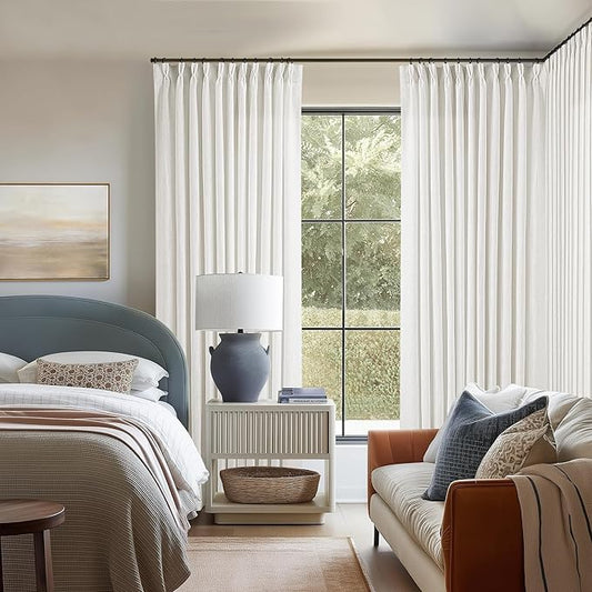 Extra Wide Linen Curtains 102 Inches Long 70 Inch Wide for Living Room Bedroom Light Filtering Beige Off White Pinch Pleated Curtains Hooks Rings Back Tab for Sliding Door 1 Panel 70Wx102L