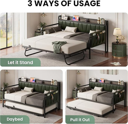 LIKIMIO Daybed with Trundle Bed, Twin XL Bed Frame with Storage Headboard and Charging Station, Sofa Day Bed with Strong Supports for Living Room, Bedroom, and Guest Room, Green